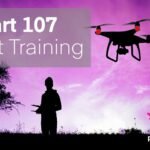 Silhouette of a person operating a drone at night, with text overlay "Part 107 Night Training" and a Pilot Institute logo against a purple sky.