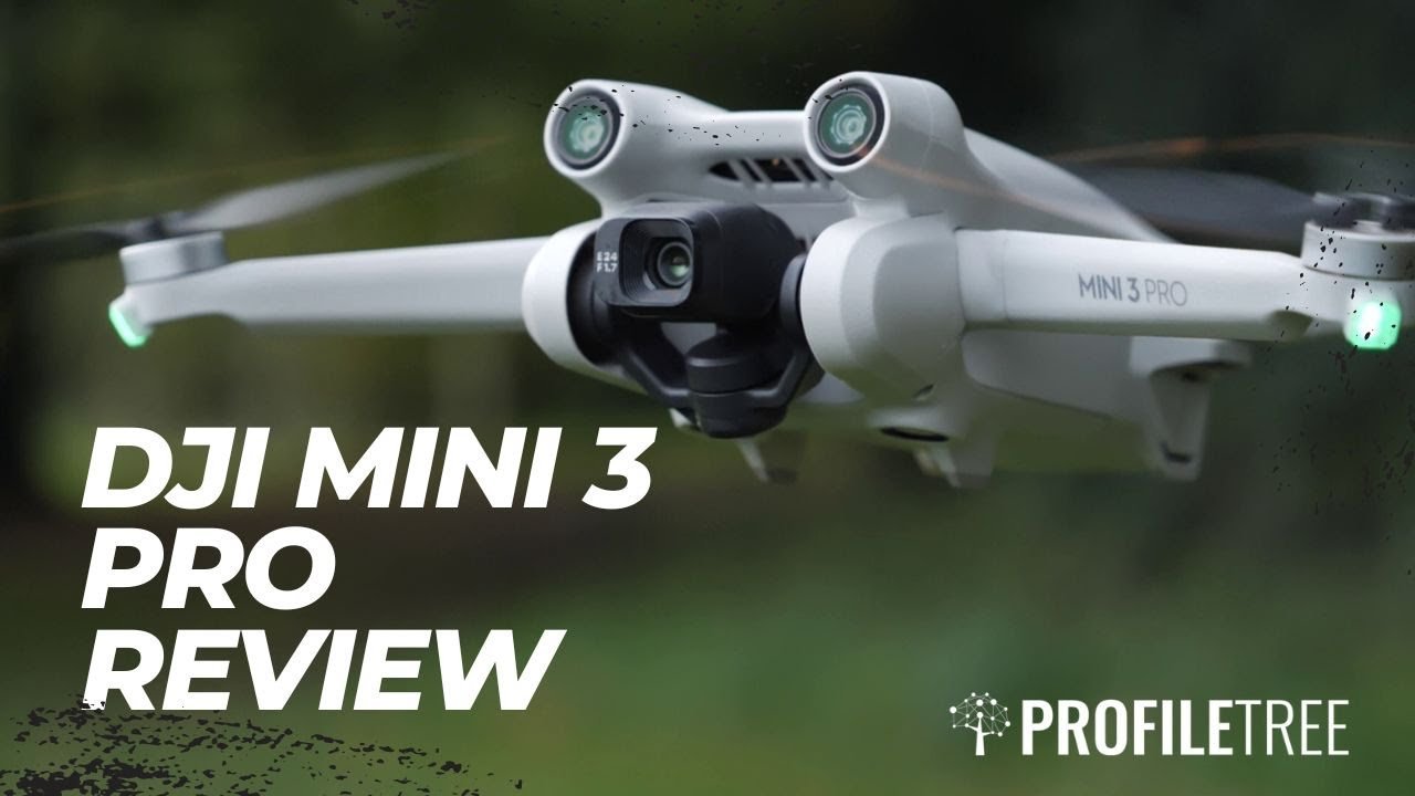 Close-up of a DJI Mini 3 Pro drone in flight, featuring its camera and propellers. Text overlay reads, "DJI Mini 3 Pro Review" with the ProfileTree logo.
