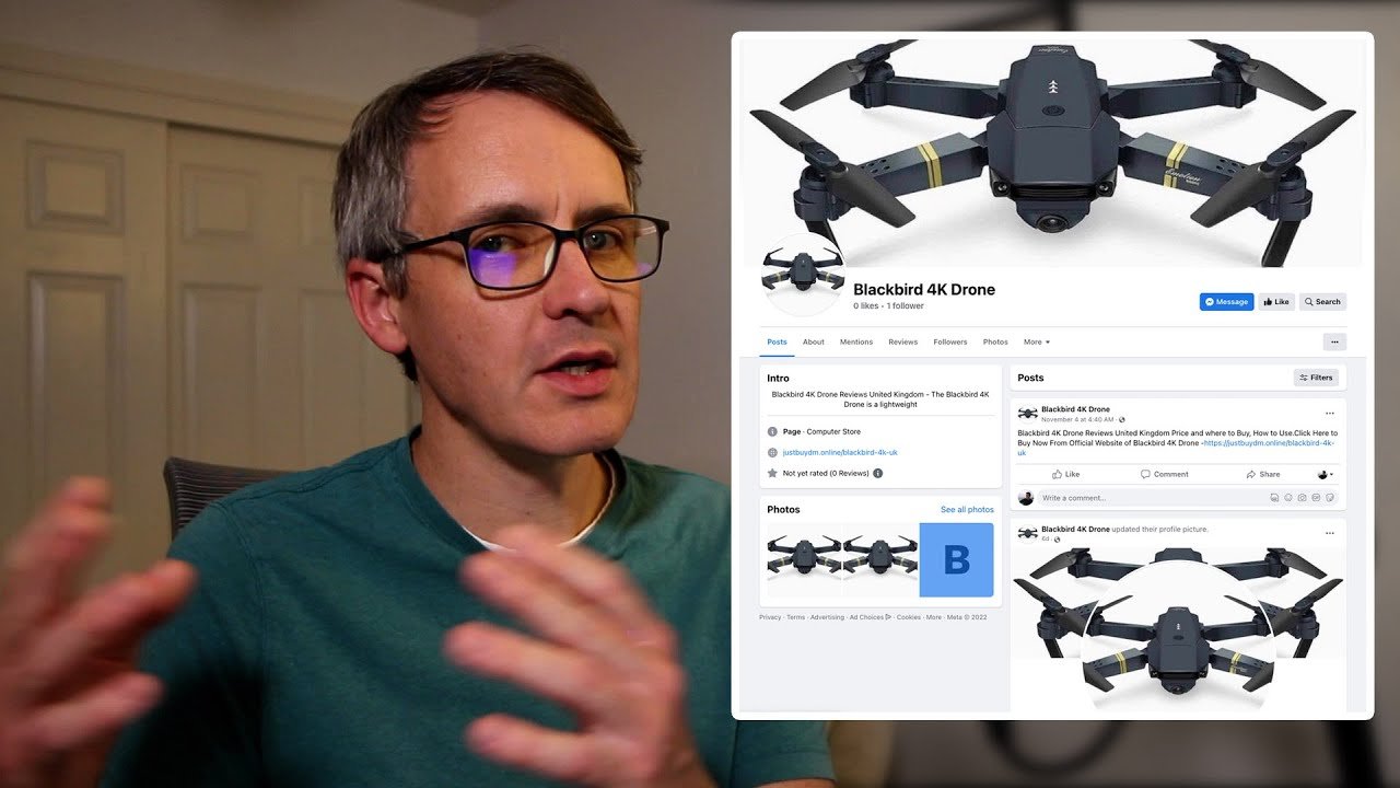 A person gestures while a screenshot of a Blackbird 4K Drone Facebook page is displayed next to them.