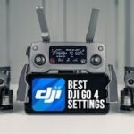 DJI remote controller with drones, displaying "BEST DJI GO 4 SETTINGS" on screen.