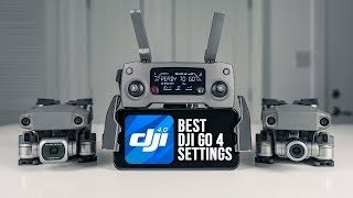DJI remote controller with drones, displaying "BEST DJI GO 4 SETTINGS" on screen.