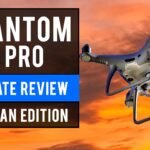 A Phantom 4 Pro drone is flying against an orange sunset sky. Text reads: "Phantom 4 Pro Ultimate Review Obsidian Edition.