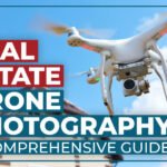 Drone flying in front of a house with text overlay: "Real Estate Drone Photography A Comprehensive Guide.