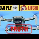 Drone in flight with "TRUTH" stamped across it. Logos for DJI Fly and Litchi are displayed at the top.