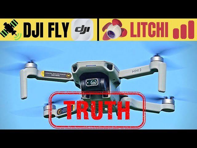 Drone in flight with "TRUTH" stamped across it. Logos for DJI Fly and Litchi are displayed at the top.