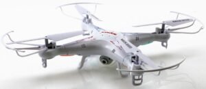 A white quadcopter drone with protective guards around its propellers on a white background.