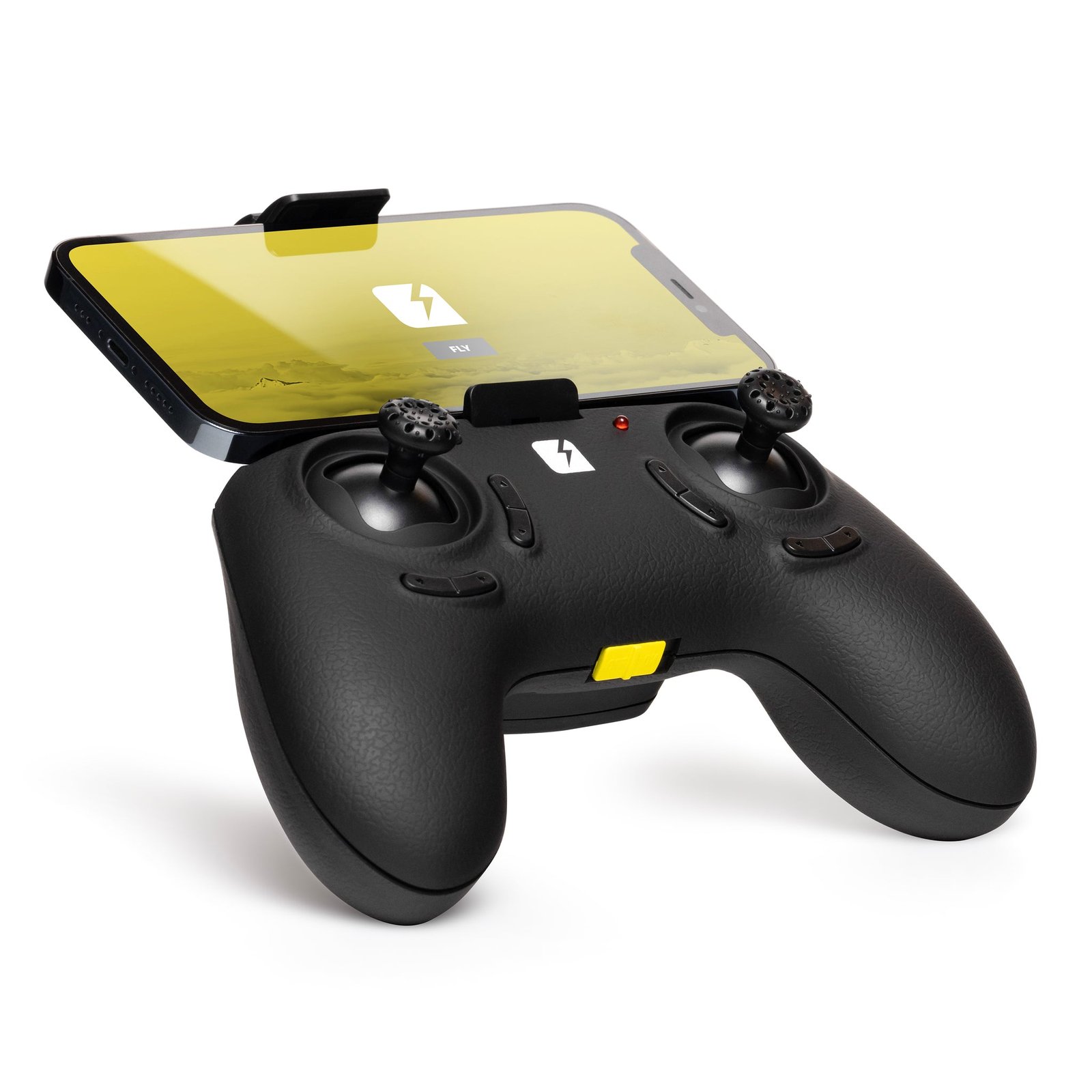 A black gaming controller with a smartphone attached at the top, displaying a yellow-themed screen. The controller features dual joysticks and several buttons.